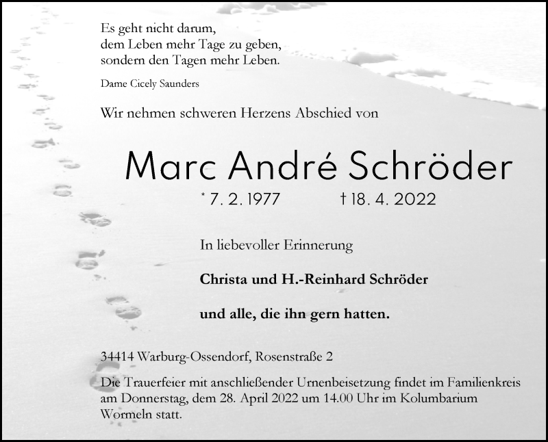  Traueranzeige für Marc Andre Schröder vom 23.04.2022 aus Westfalen-Blatt