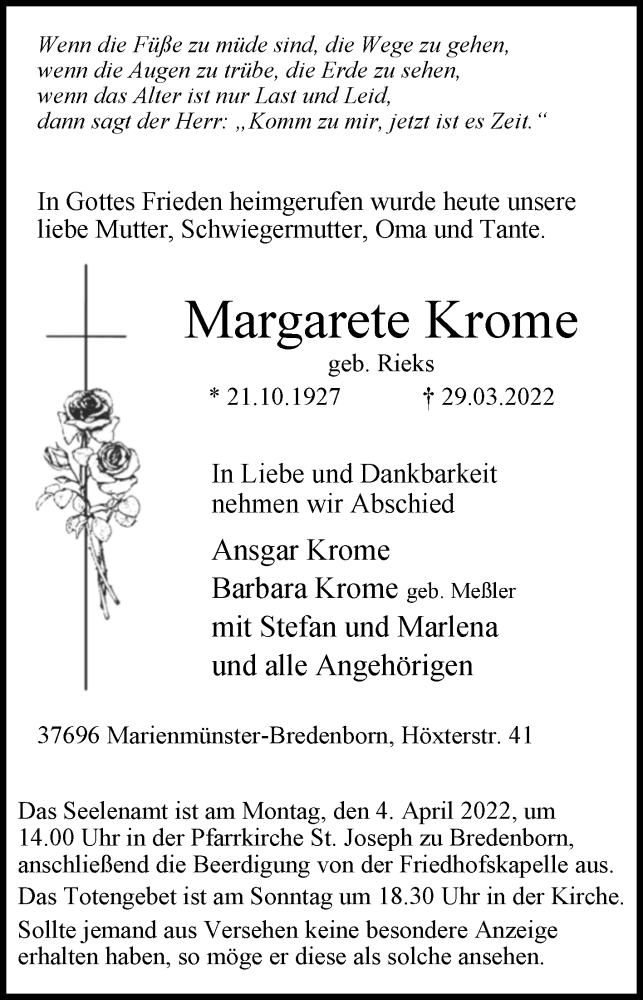  Traueranzeige für Margarete Krome vom 01.04.2022 aus Westfalen-Blatt