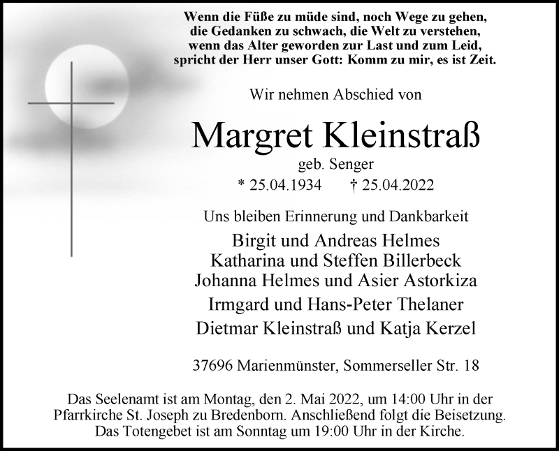  Traueranzeige für Margret Kleinstraß vom 29.04.2022 aus Westfalen-Blatt