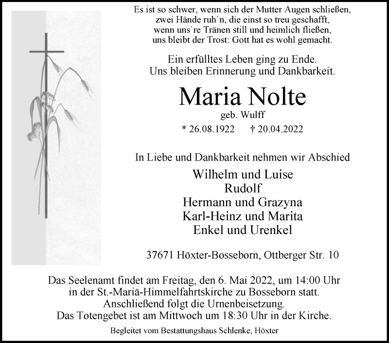  Traueranzeige für Maria Nolte vom 30.04.2022 aus Westfalen-Blatt