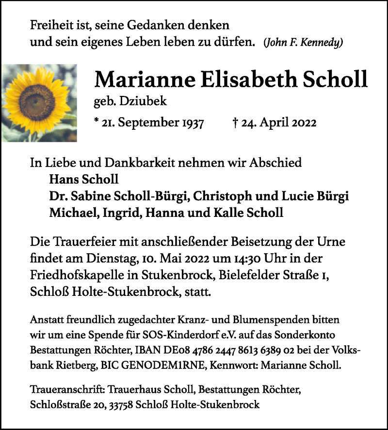  Traueranzeige für Marianne Elisabeth Scholl vom 30.04.2022 aus Westfalen-Blatt