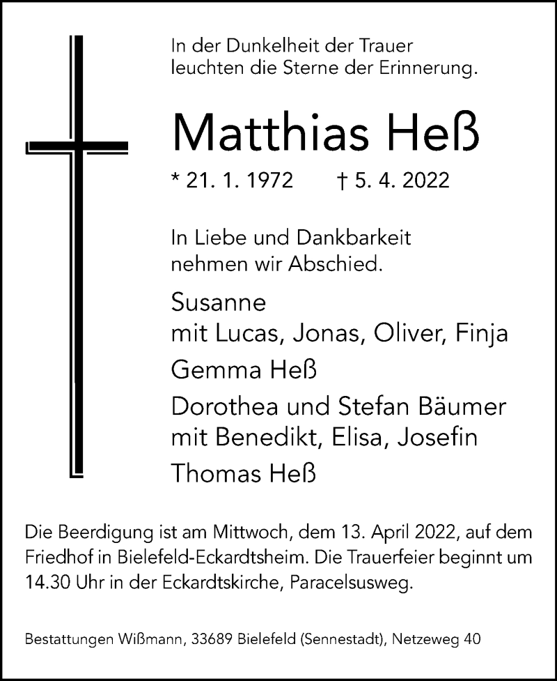  Traueranzeige für Matthias Heß vom 11.04.2022 aus Westfalen-Blatt