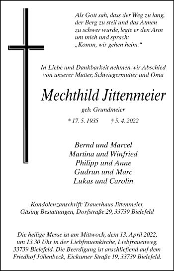 Traueranzeige von Mechthild Jittenmeier von Westfalen-Blatt