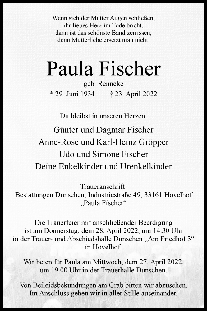 Traueranzeige für Paula Fischer vom 26.04.2022 aus Westfalen-Blatt
