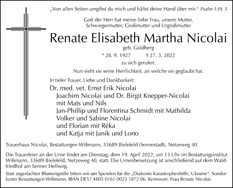  Traueranzeige für Renate Nicolai vom 09.04.2022 aus Westfalen-Blatt