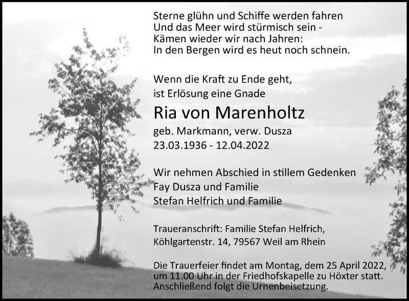  Traueranzeige für Ria von Marenholtz vom 21.04.2022 aus Westfalen-Blatt