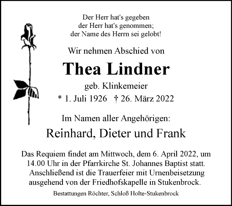  Traueranzeige für Thea Lindner vom 02.04.2022 aus Westfalen-Blatt
