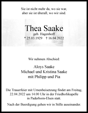 Traueranzeige von Thea Saake von Westfalen-Blatt
