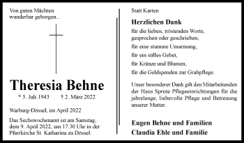 Traueranzeige von Theresia Behne von Westfalen-Blatt