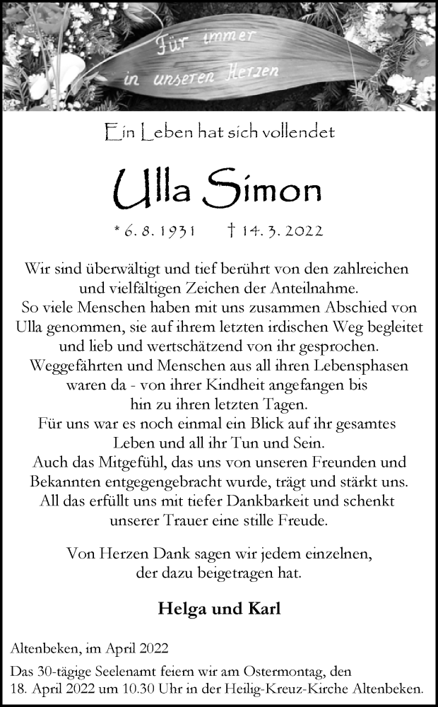  Traueranzeige für Ulla Simon vom 09.04.2022 aus Westfalen-Blatt