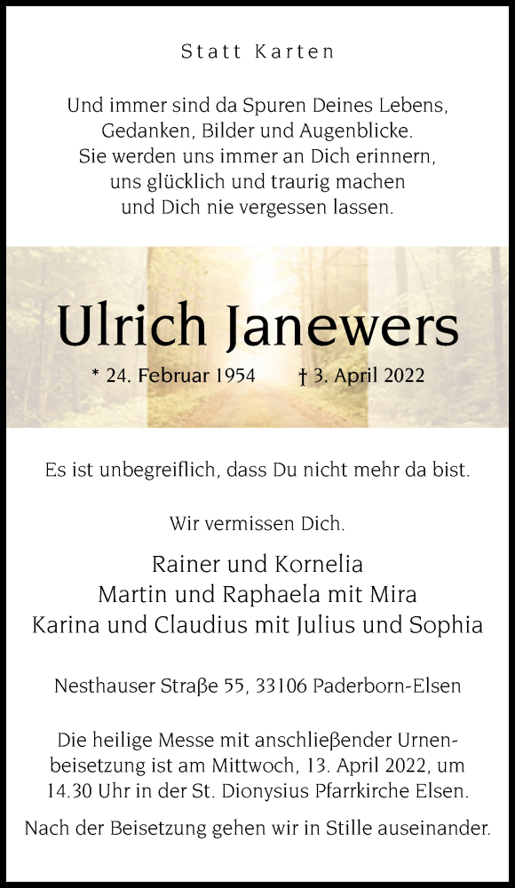  Traueranzeige für Ulrich Janewers vom 09.04.2022 aus Westfalen-Blatt