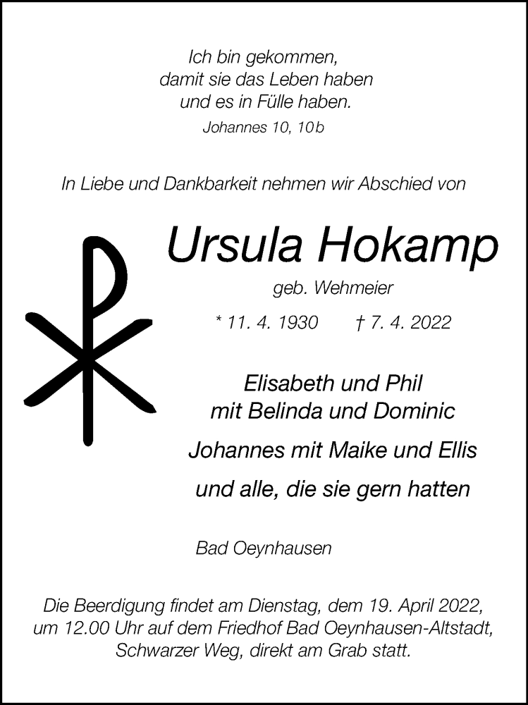  Traueranzeige für Ursula Hokamp vom 13.04.2022 aus Westfalen-Blatt