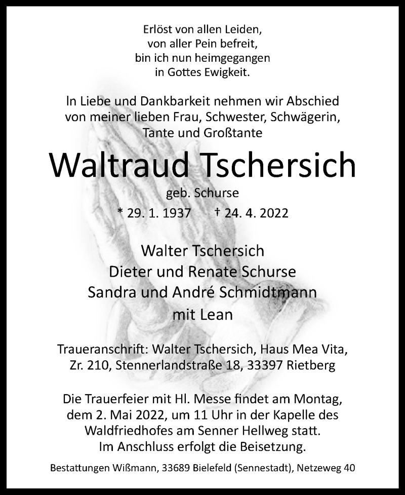  Traueranzeige für Waltraud Tschersich vom 29.04.2022 aus Westfalen-Blatt