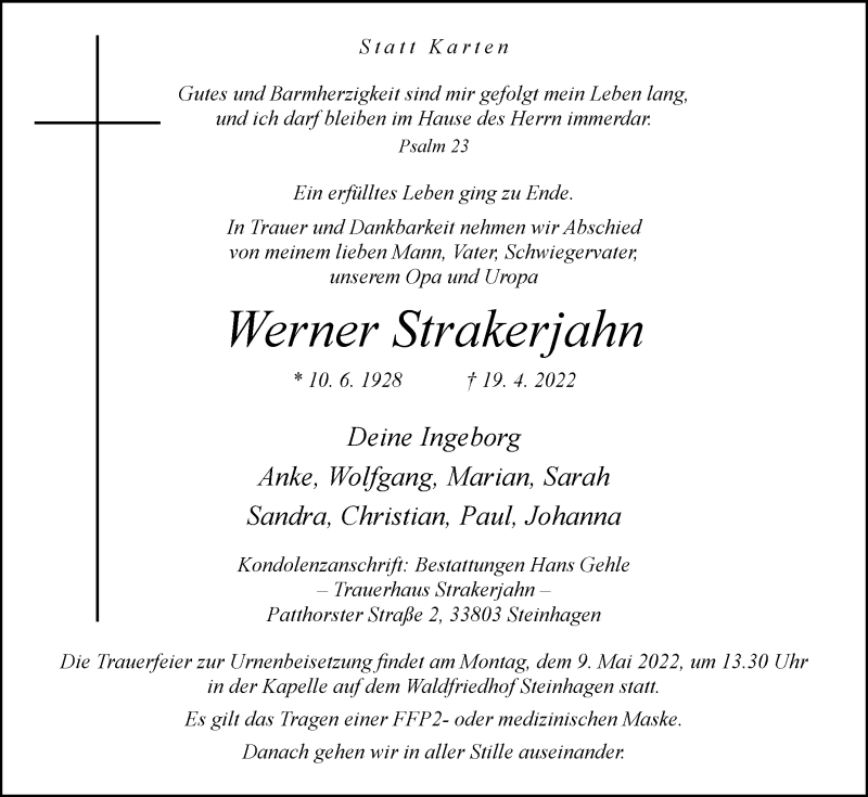  Traueranzeige für Werner Strakerjahn vom 23.04.2022 aus Westfalen-Blatt