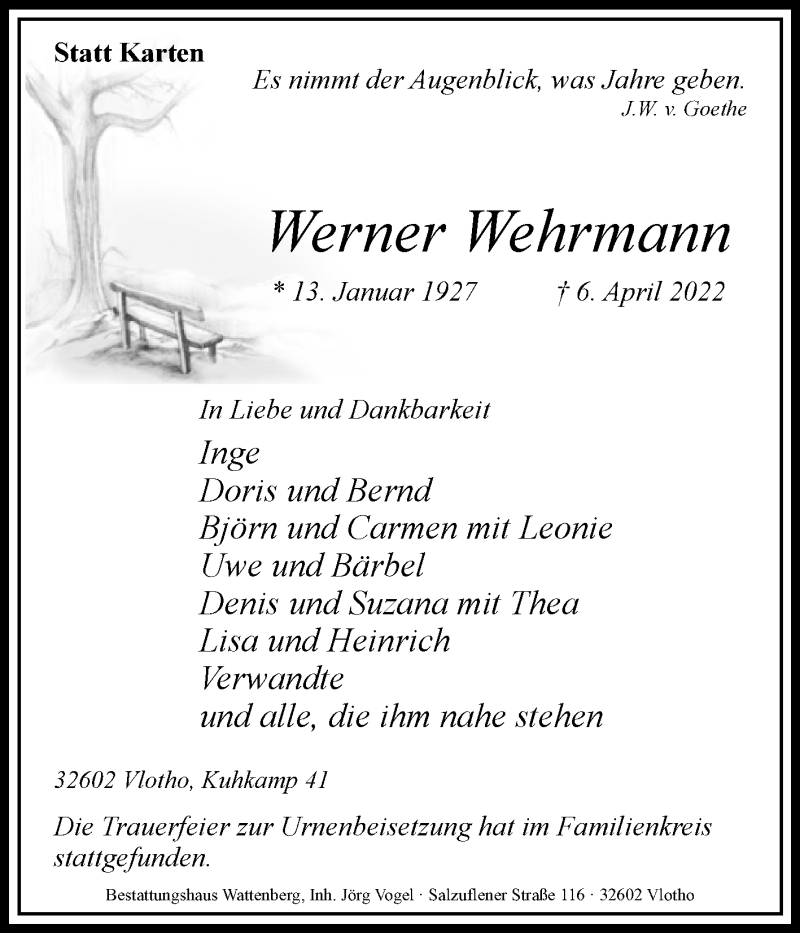  Traueranzeige für Werner Wehrmann vom 23.04.2022 aus Westfalen-Blatt