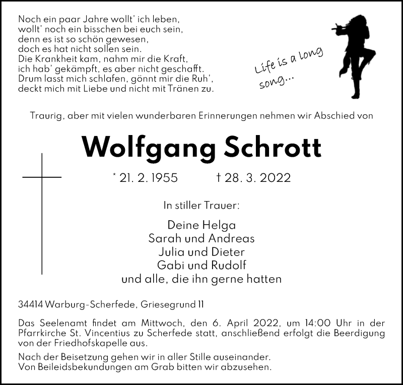 Traueranzeige für Wolfgang Schrott vom 02.04.2022 aus Westfalen-Blatt