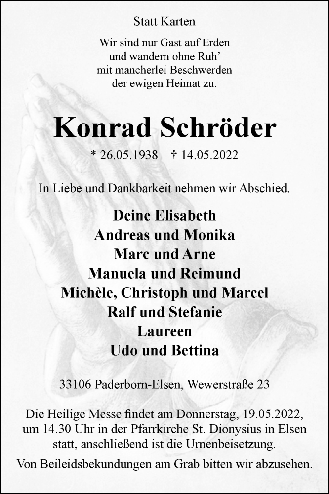  Traueranzeige für Konrad Schröder vom 17.05.2022 aus WESTFALEN-BLATT