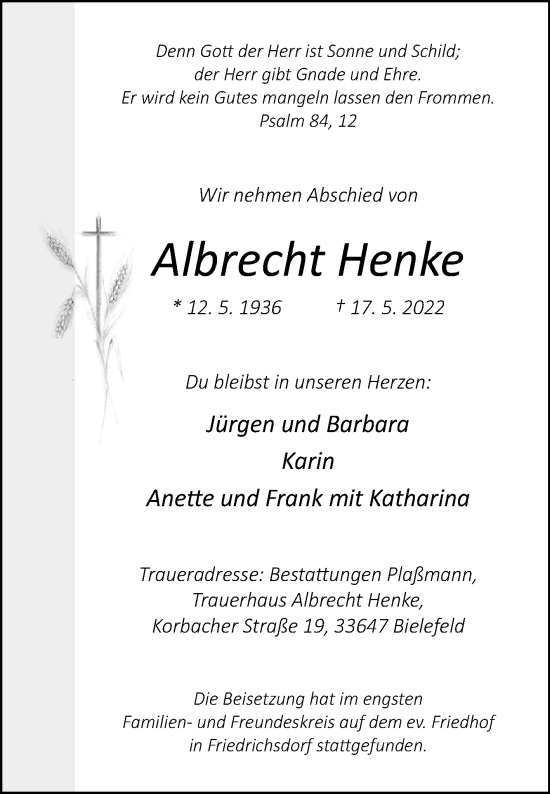 Traueranzeige von Albrecht Henke von Westfalen-Blatt