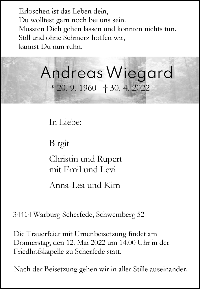  Traueranzeige für Andreas Wiegard vom 07.05.2022 aus Westfalen-Blatt
