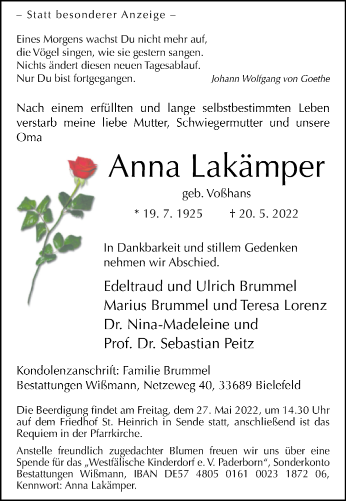  Traueranzeige für Anna Lakämper vom 24.05.2022 aus Westfalen-Blatt
