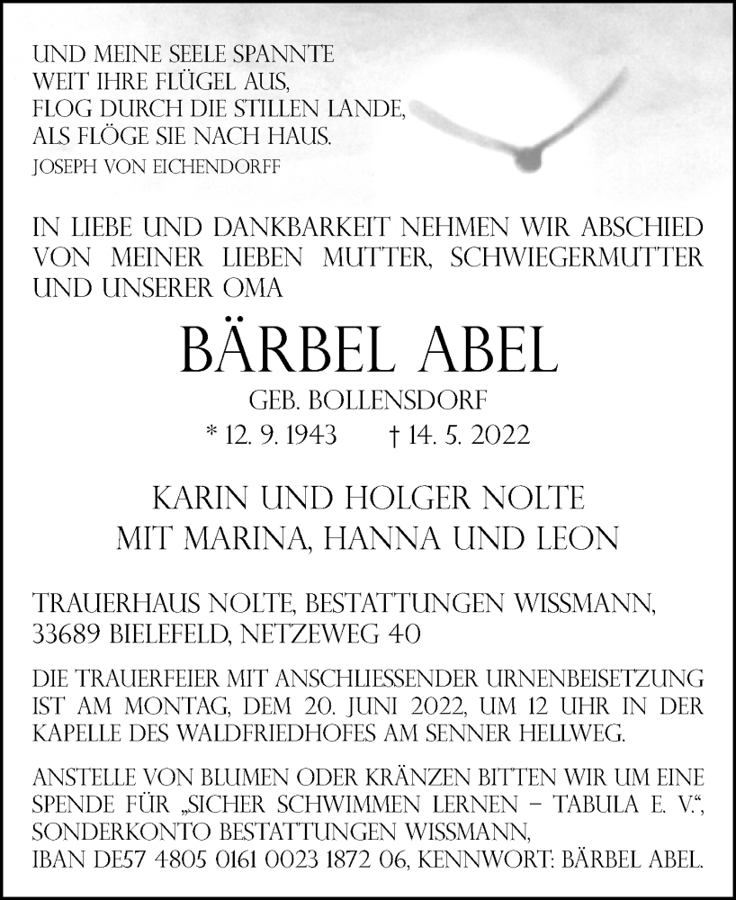  Traueranzeige für Bärbel Abel vom 21.05.2022 aus Westfalen-Blatt