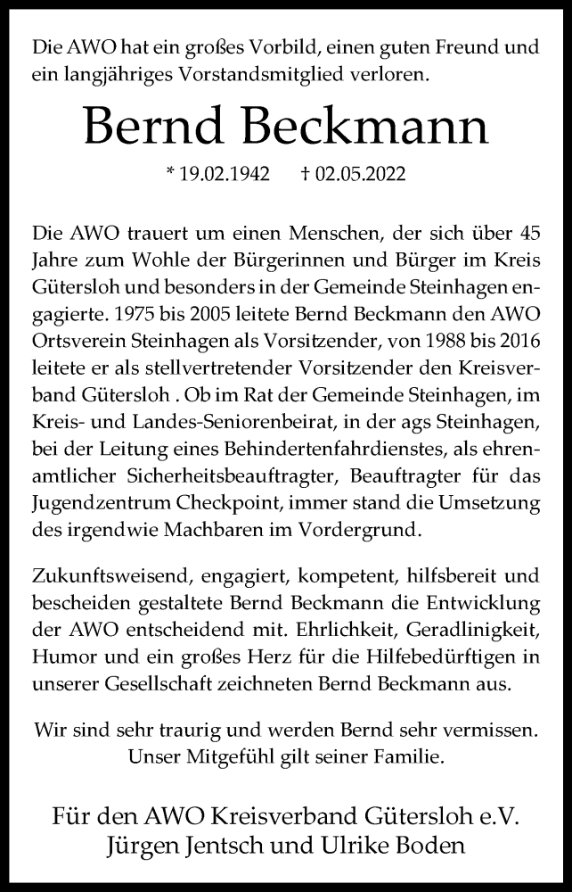  Traueranzeige für Bernd Beckmann vom 11.05.2022 aus Westfalen-Blatt