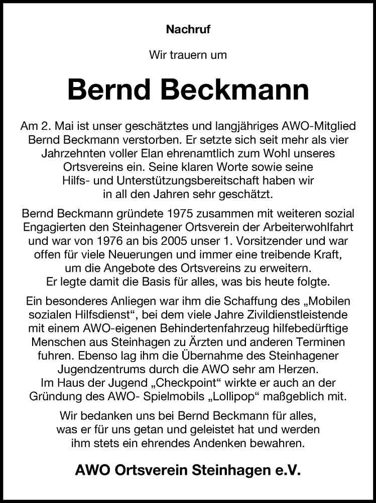  Traueranzeige für Bernd Beckmann vom 10.05.2022 aus Westfalen-Blatt