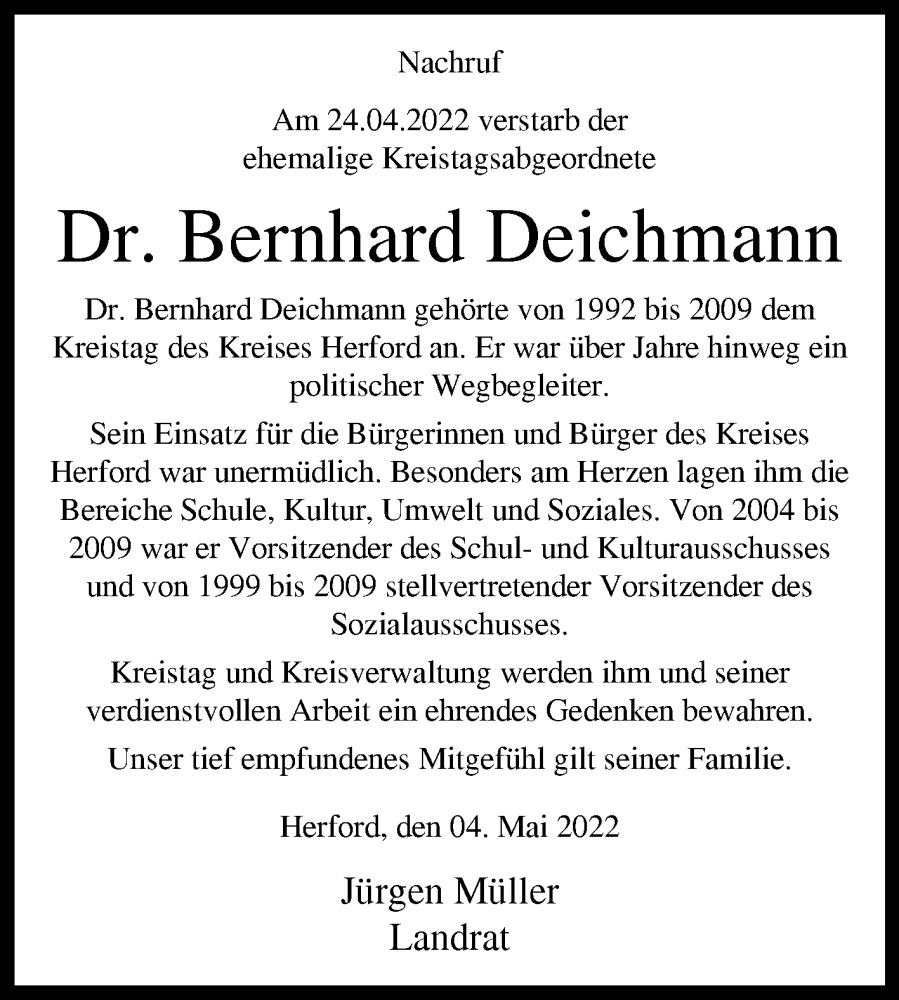  Traueranzeige für Bernhard Deichmann vom 07.05.2022 aus Westfalen-Blatt