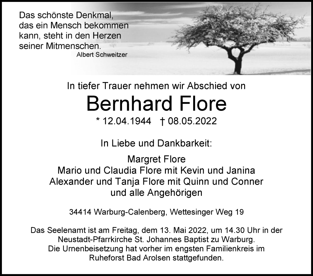  Traueranzeige für Bernhard Flore vom 10.05.2022 aus Westfalen-Blatt