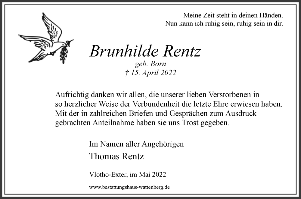  Traueranzeige für Brunhilde Rentz vom 14.05.2022 aus Westfalen-Blatt