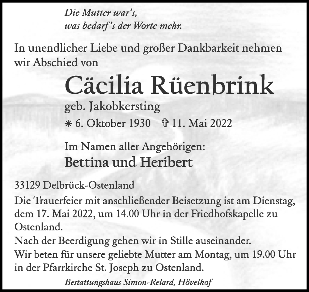  Traueranzeige für Cäcilia Rüenbrink vom 14.05.2022 aus Westfalen-Blatt