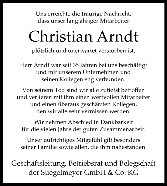 Traueranzeige von Christian Arndt von Westfalen-Blatt