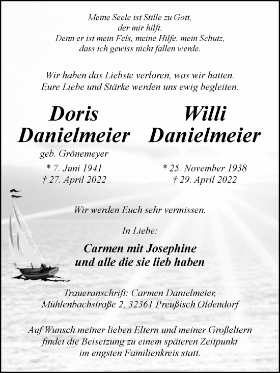 Traueranzeige von Doris und Willi Danielmeier von Westfalen-Blatt