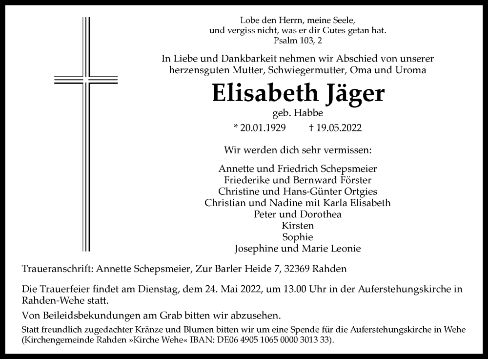  Traueranzeige für Elisabeth Jäger vom 21.05.2022 aus Westfalen-Blatt