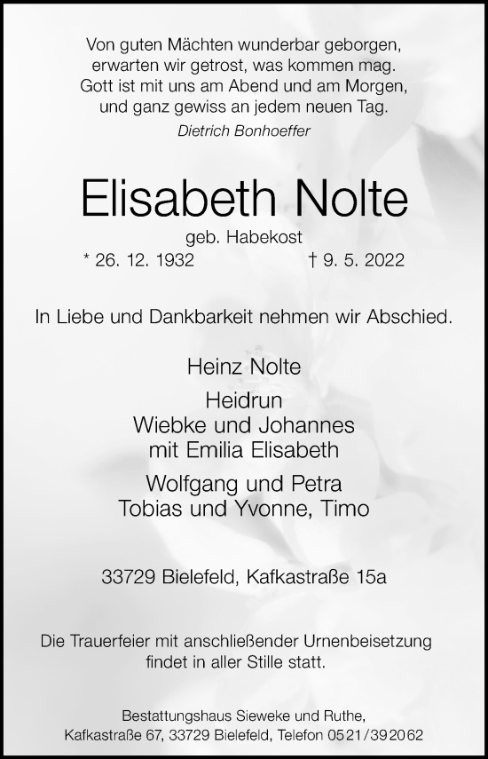 Traueranzeige von Elisabeth Nolte von Westfalen-Blatt