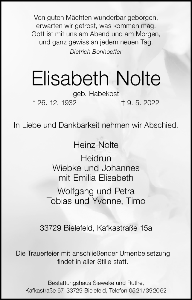  Traueranzeige für Elisabeth Nolte vom 14.05.2022 aus Westfalen-Blatt