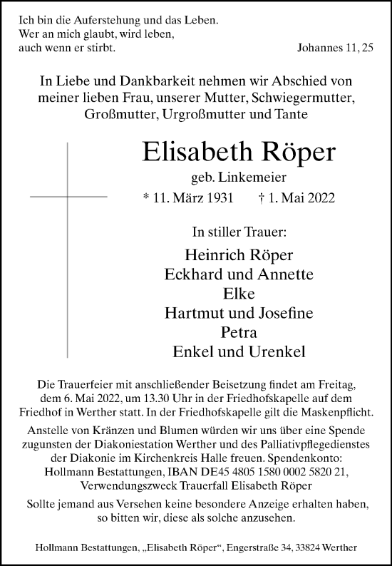 Traueranzeige von Elisabeth Röper von Westfalen-Blatt