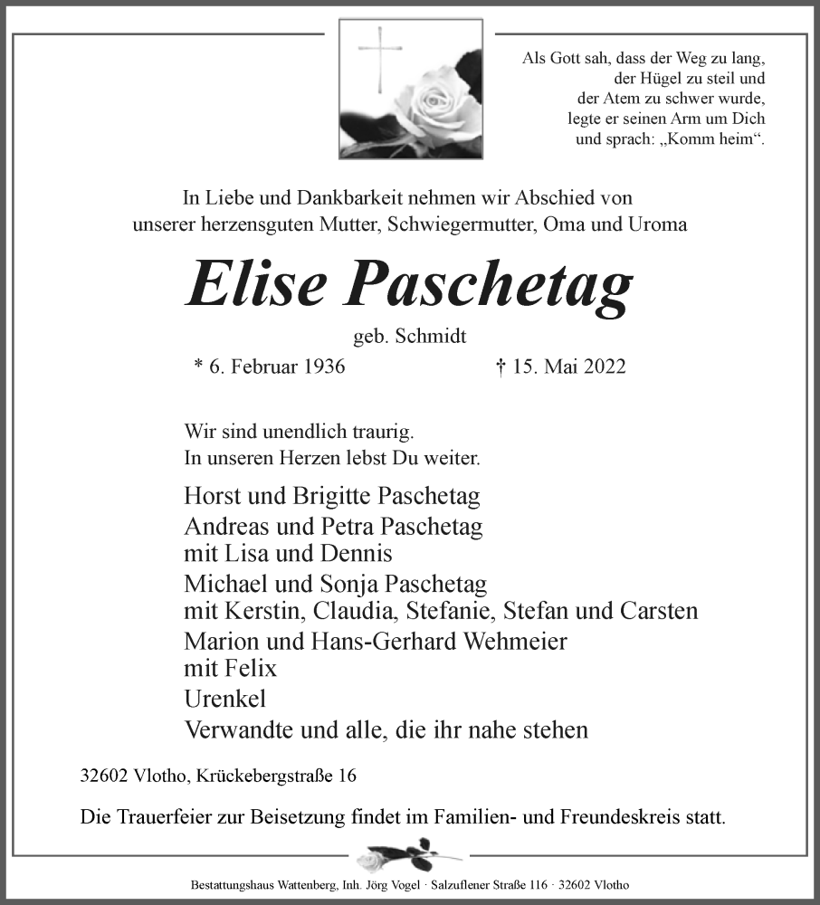  Traueranzeige für Elise Paschetag vom 21.05.2022 aus Westfalen-Blatt