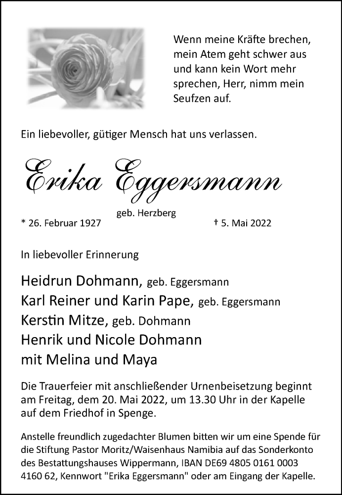  Traueranzeige für Erika Eggersmann vom 14.05.2022 aus Westfalen-Blatt