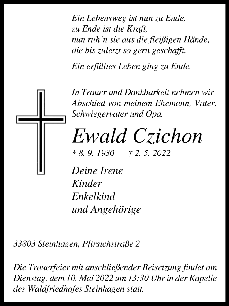  Traueranzeige für Ewald Czichon vom 07.05.2022 aus Westfalen-Blatt