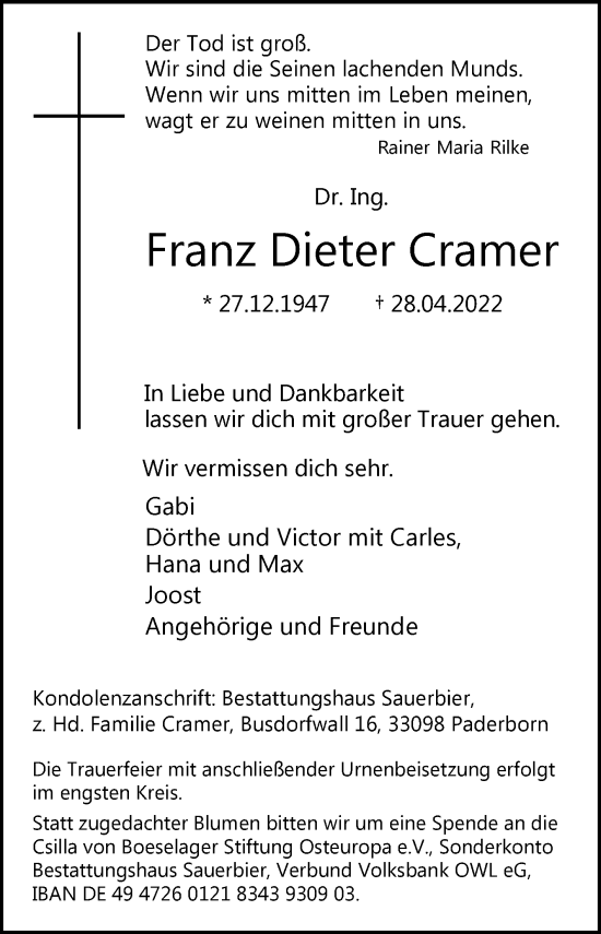 Traueranzeige von Franz Dieter Cramer von Westfalen-Blatt