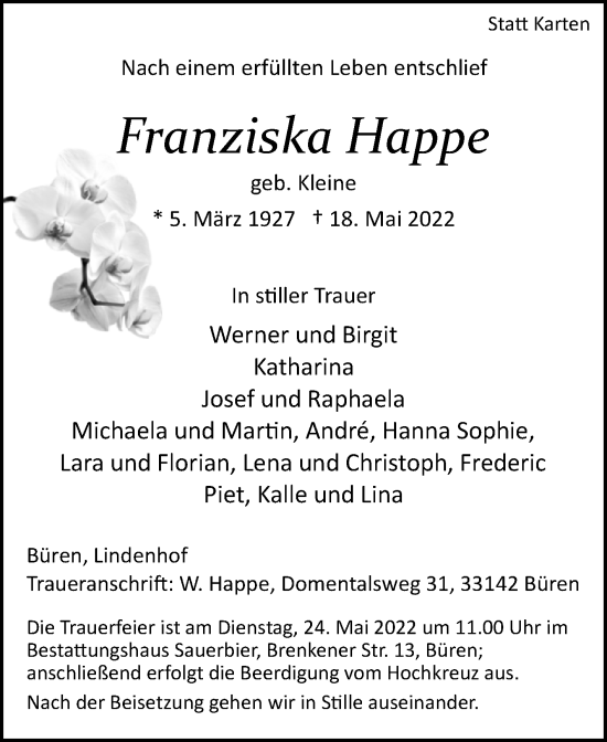 Traueranzeige von Franziska Happe von Westfalen-Blatt