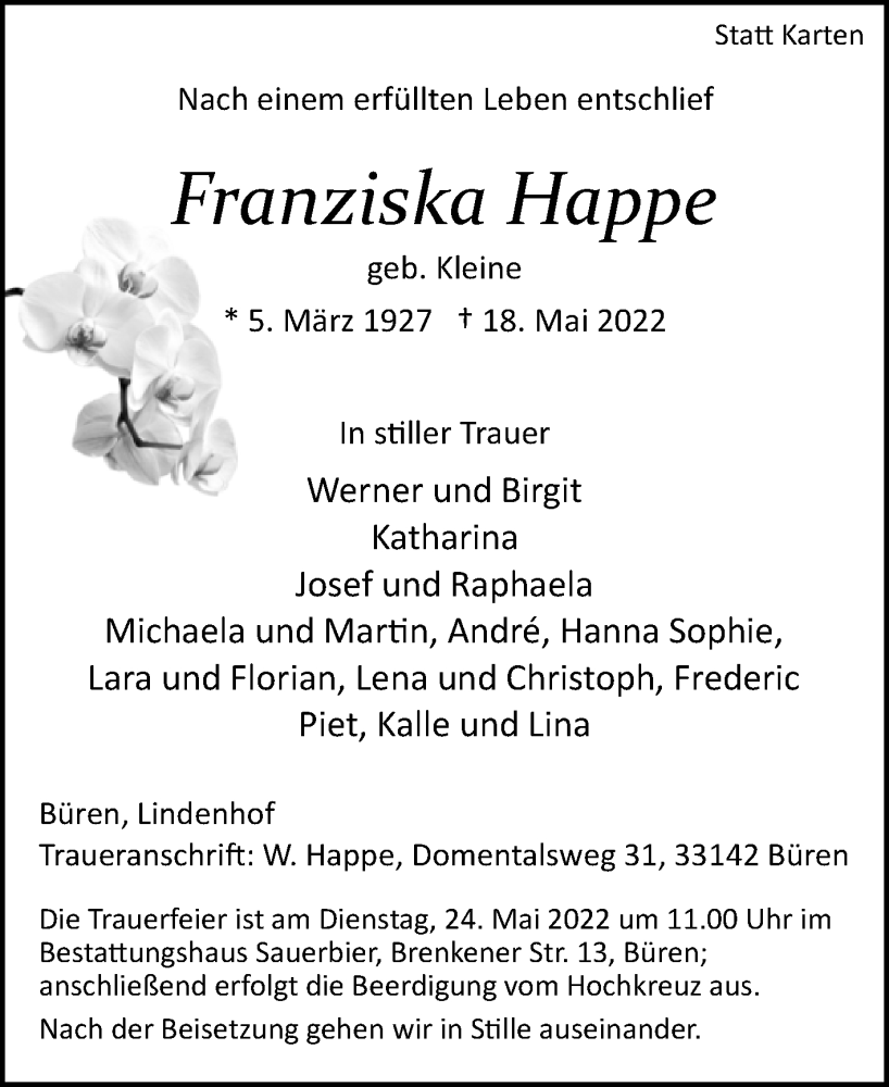  Traueranzeige für Franziska Happe vom 21.05.2022 aus Westfalen-Blatt