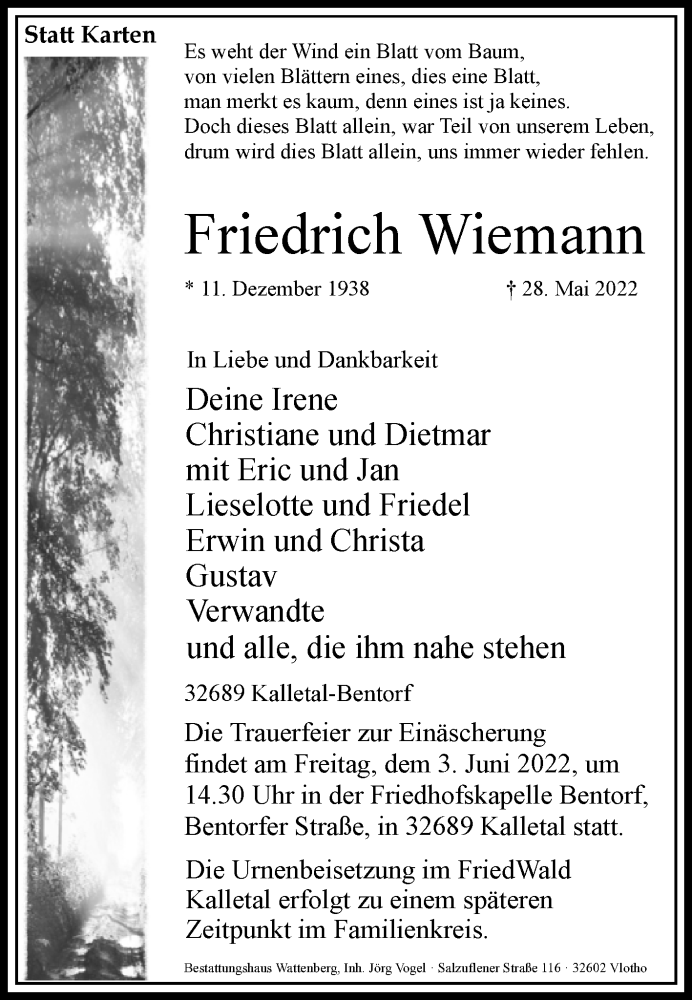  Traueranzeige für Friedrich Wiemann vom 31.05.2022 aus Westfalen-Blatt