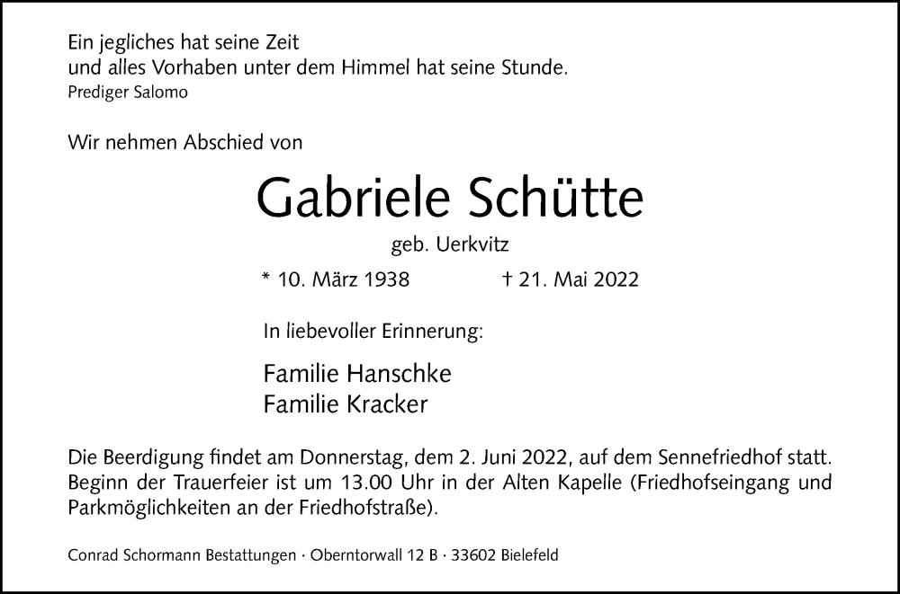  Traueranzeige für Gabriele Schütte vom 28.05.2022 aus Westfalen-Blatt