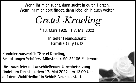Traueranzeige von Gretel Kraeling von Westfalen-Blatt