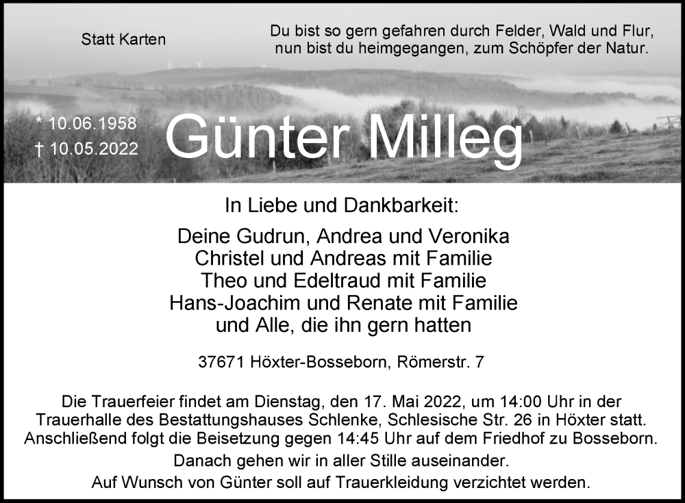  Traueranzeige für Günter Milleg vom 14.05.2022 aus Westfalen-Blatt