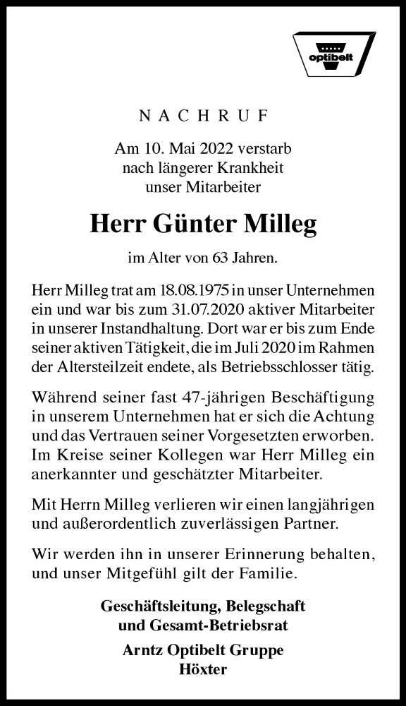  Traueranzeige für Günter Milleg vom 13.05.2022 aus Westfalen-Blatt