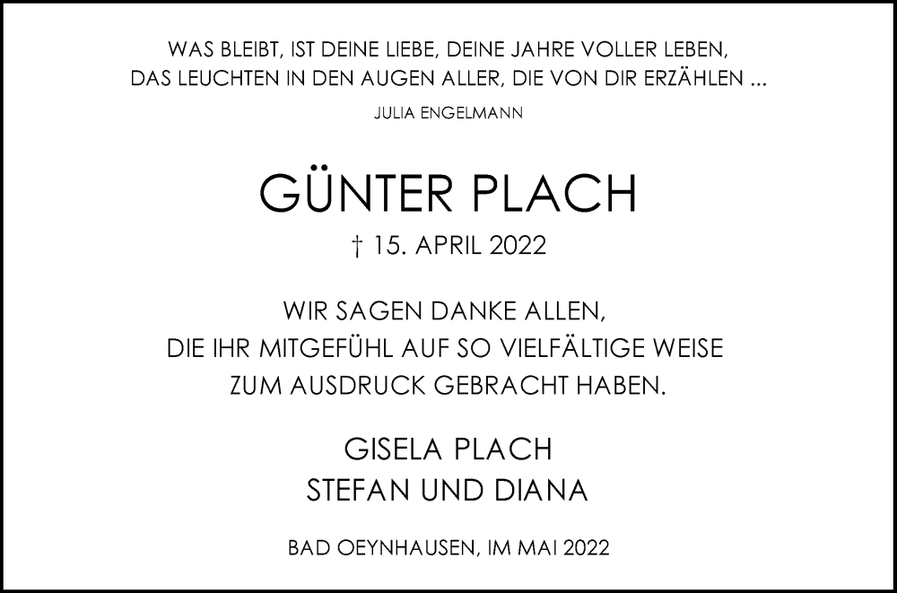  Traueranzeige für Günter Plach vom 28.05.2022 aus Westfalen-Blatt