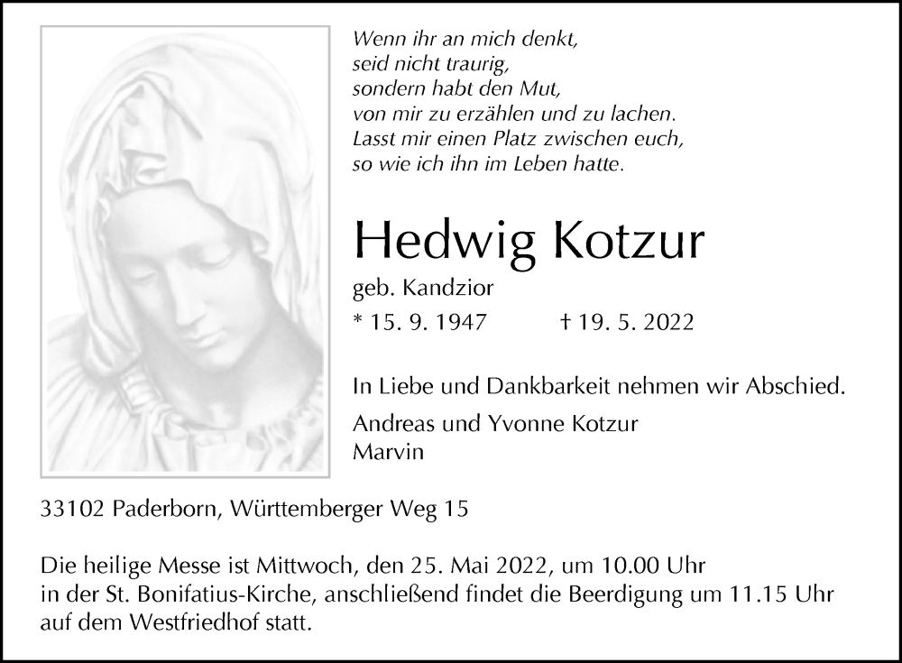 Traueranzeige für Hedwig Kotzur vom 21.05.2022 aus Westfalen-Blatt